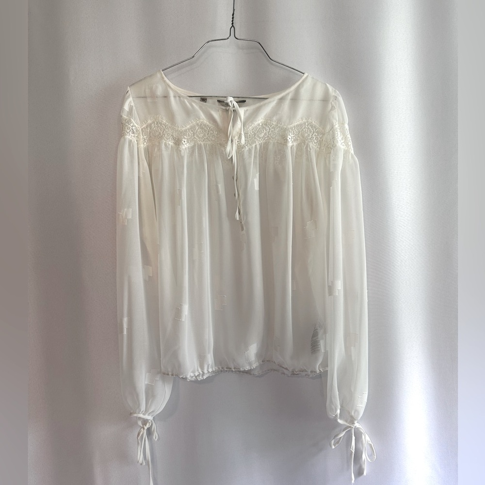 GUESS Sheer Long Sleeve Blouse With Lace Detail